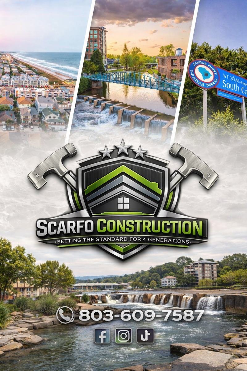 Scarfo Construction brand graphic with construction logo and phone number